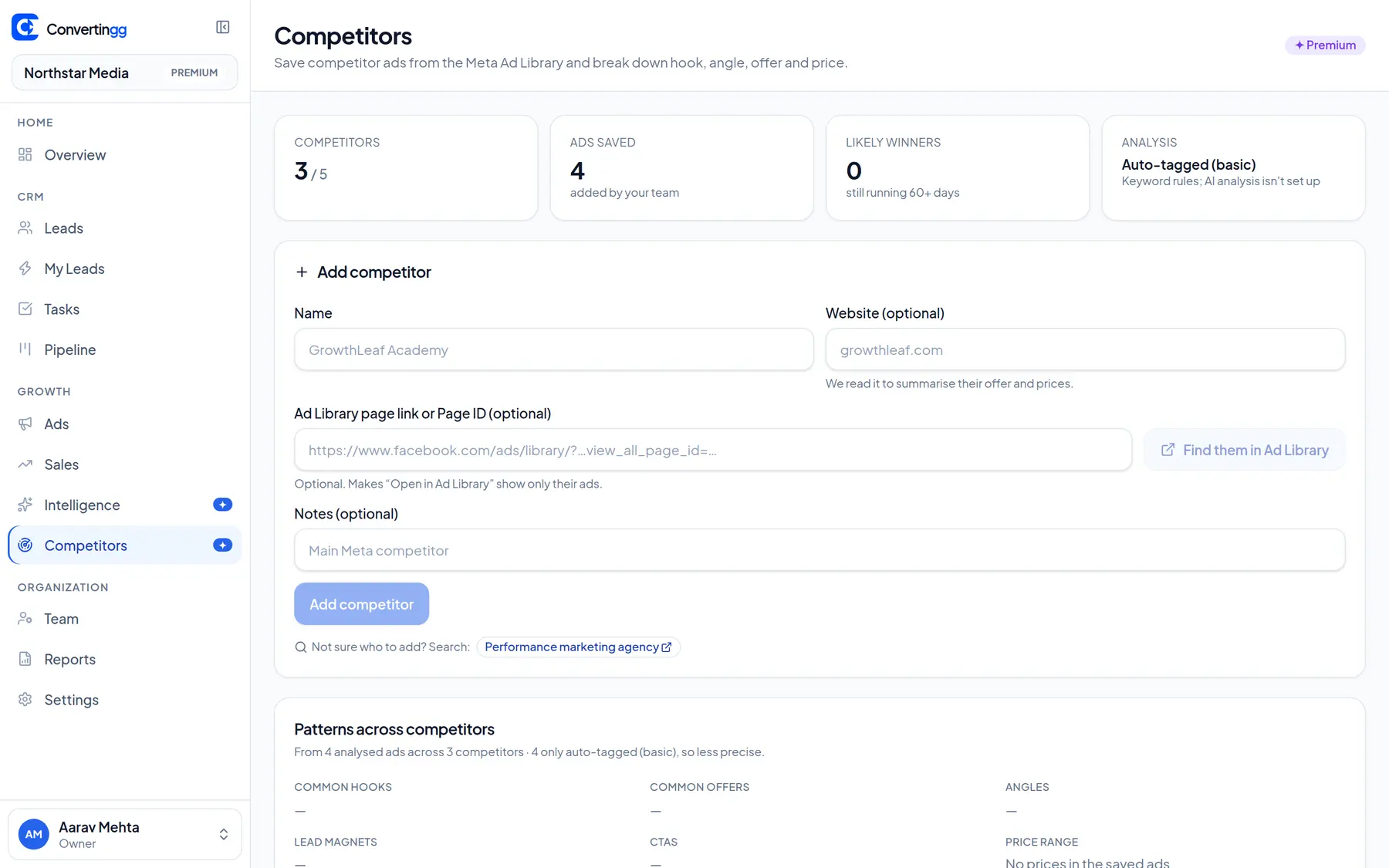 Convertingg competitor tracking with saved ads, hooks, angles, and offers